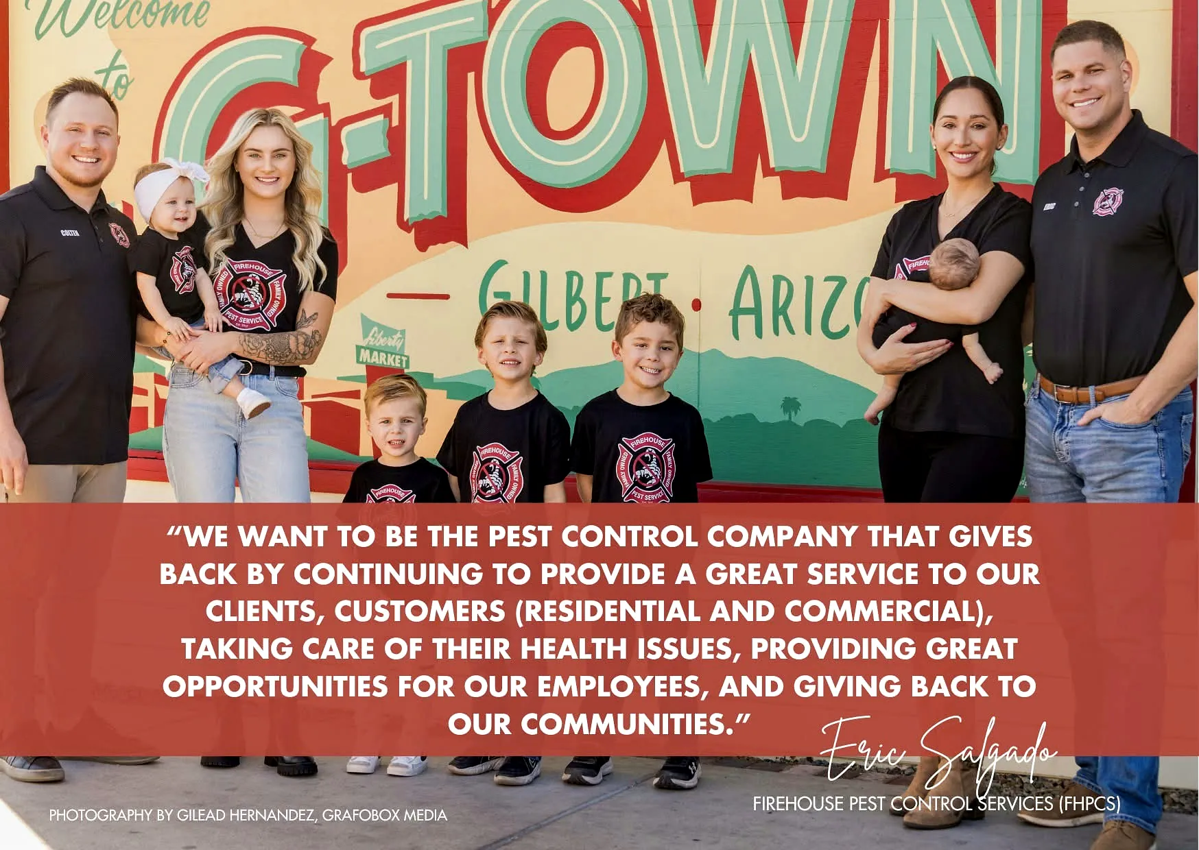 Firehouse Pest Control Services founders and families in front of a Gilbert Arizona mural